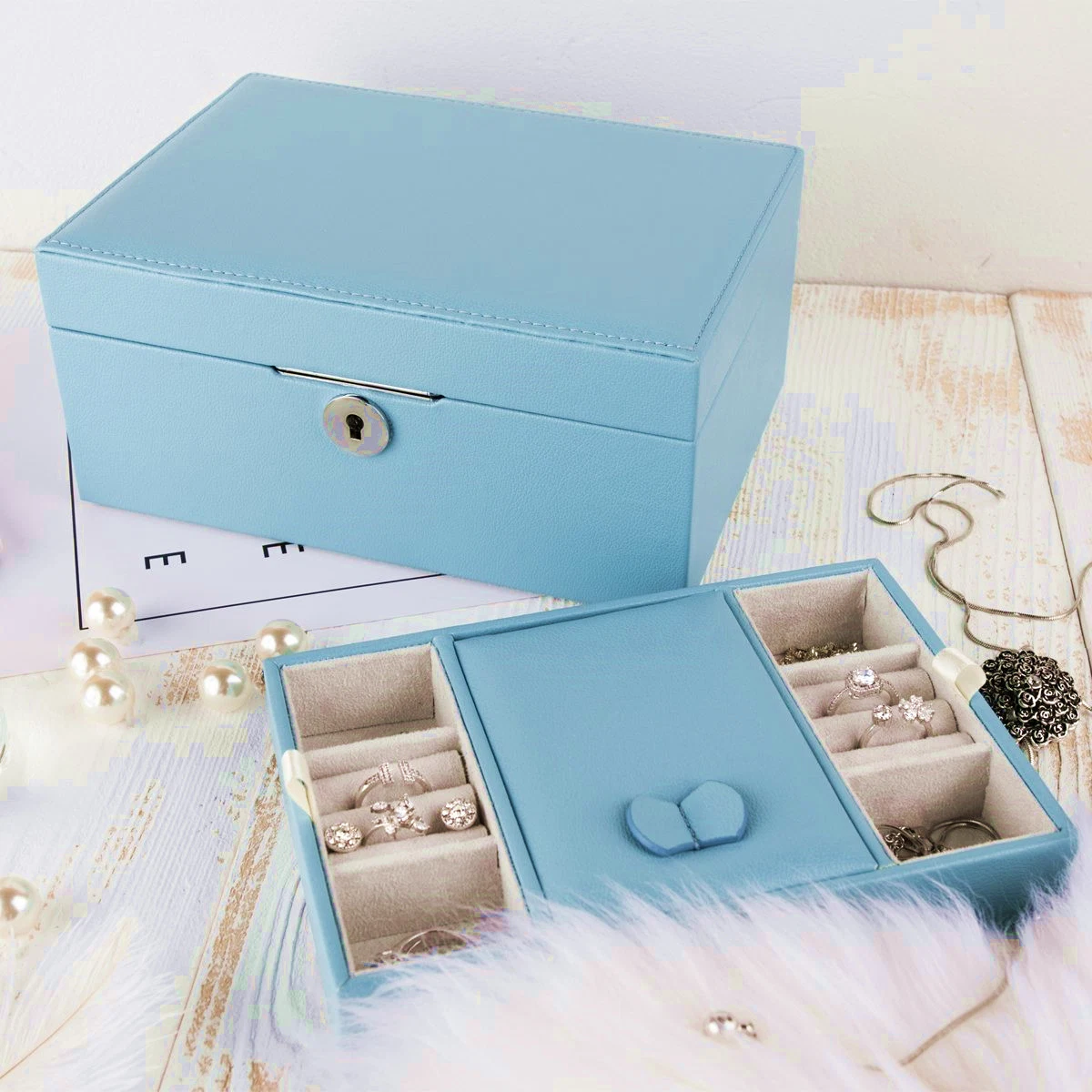 Lockable Leather Jewelry Box with Large Mirror PU Leather Wooden Gift Box