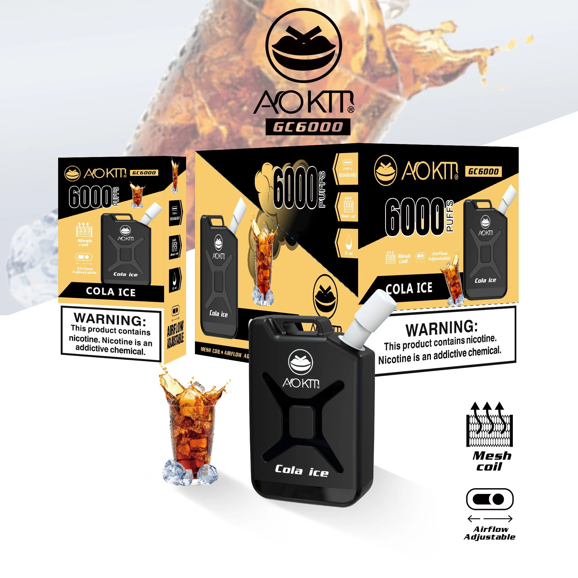 Pulverizador de cigarros e fabricado na China Aokit original de fábrica GC 6000 Puffs descartáveis Electronic cigarro Atacado atomizador pote XXL puff Bar Mais Ecig