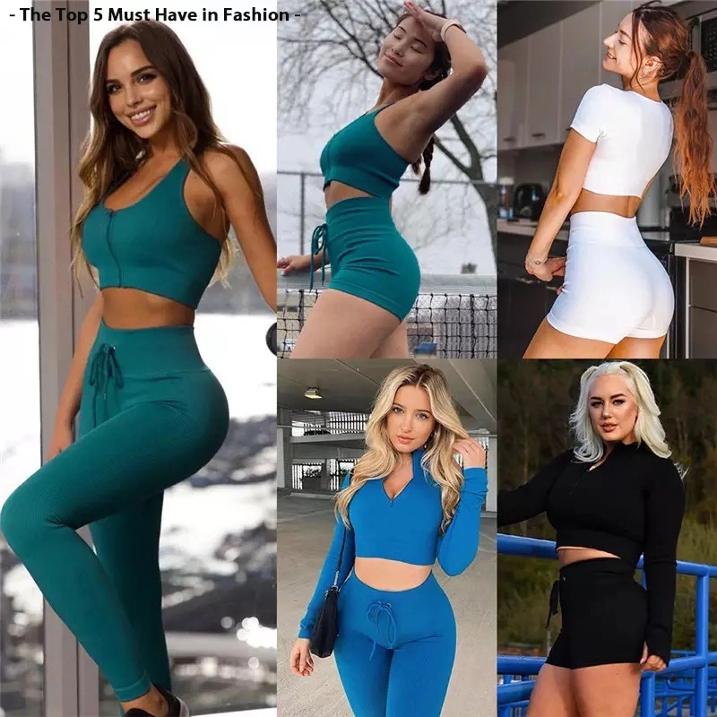 Großhandel 5pcs gerippte Lounge Sportswear Übungskleidung für Frauen, Reißverschluss Athletic Top + Kordelzug Workout Leggings Nahtlose Yoga Activewear Sets