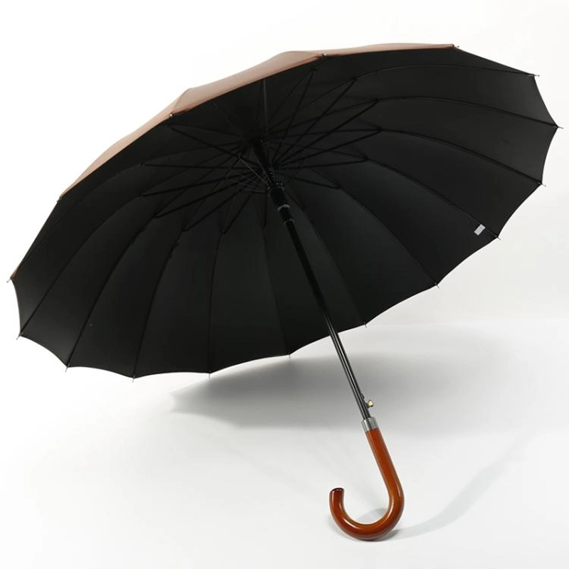 16 Panels Brown Black Windproof Many Ribs J Type Handle Umbrella with Strip Pouch