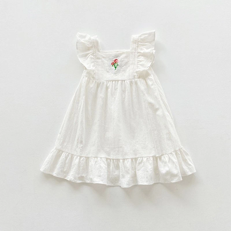 Rose Embroidery Dress 2023 New Square Collar Flying Sleeve Skirt Baby Clothes