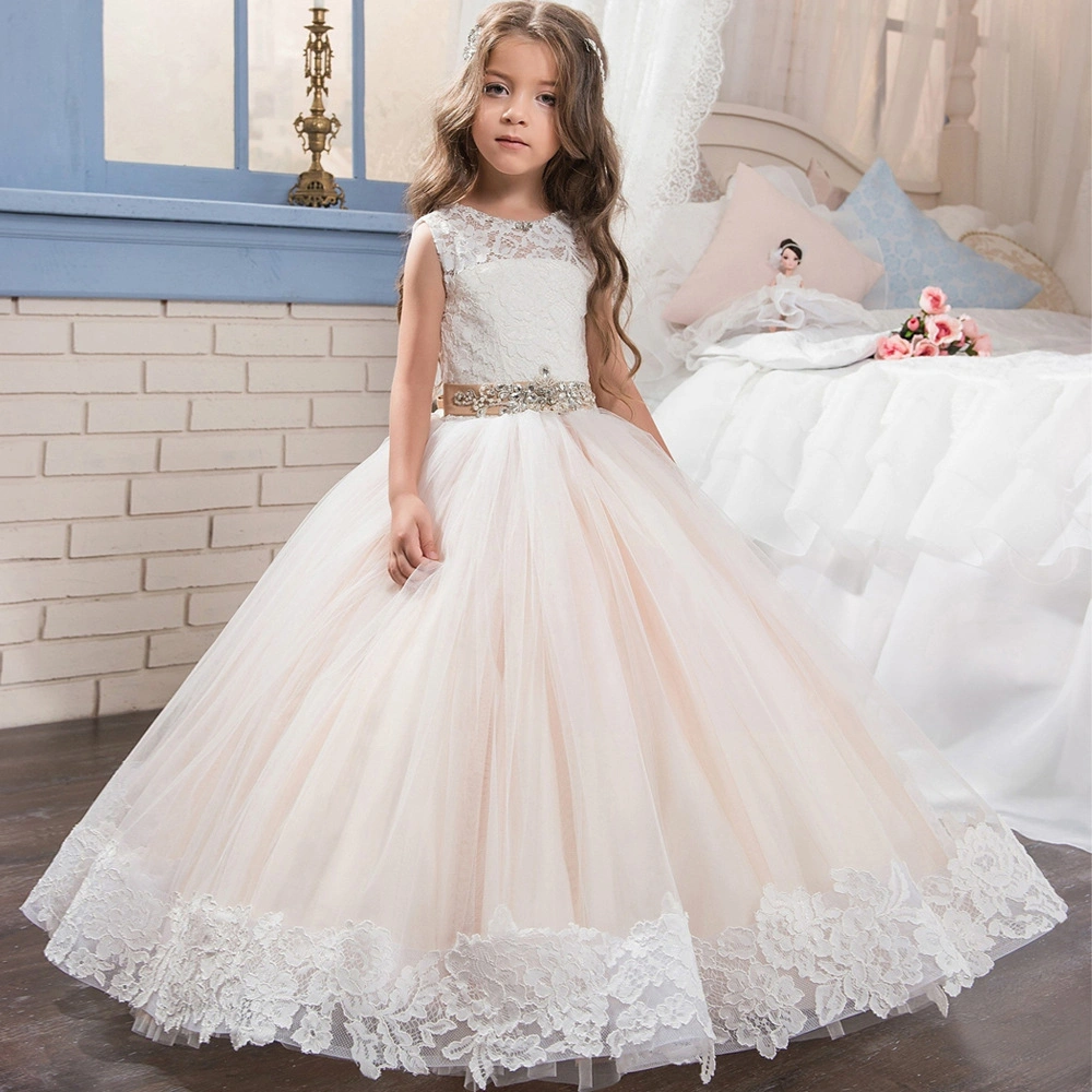 Hfg096 Full Lace Belt Sleeveless Champagne Puffy Flowergirl Dress