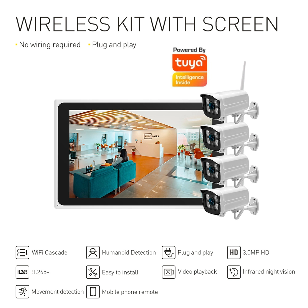 Camera Kit Plug & Play Easy to Use Tuya APP 4CH 3MP IP Mini CCTV WiFi Camera with All in One 10.1" LCD Monitor NVR