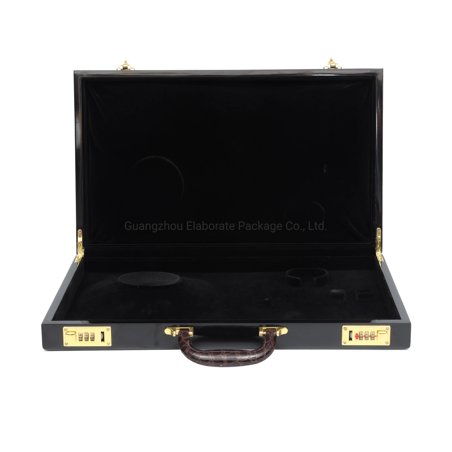 Customized Luxury Brifecase Style Glossy Lacquer Finish Wooden Suitcase Jewellery Set Storage Box Case with Lock