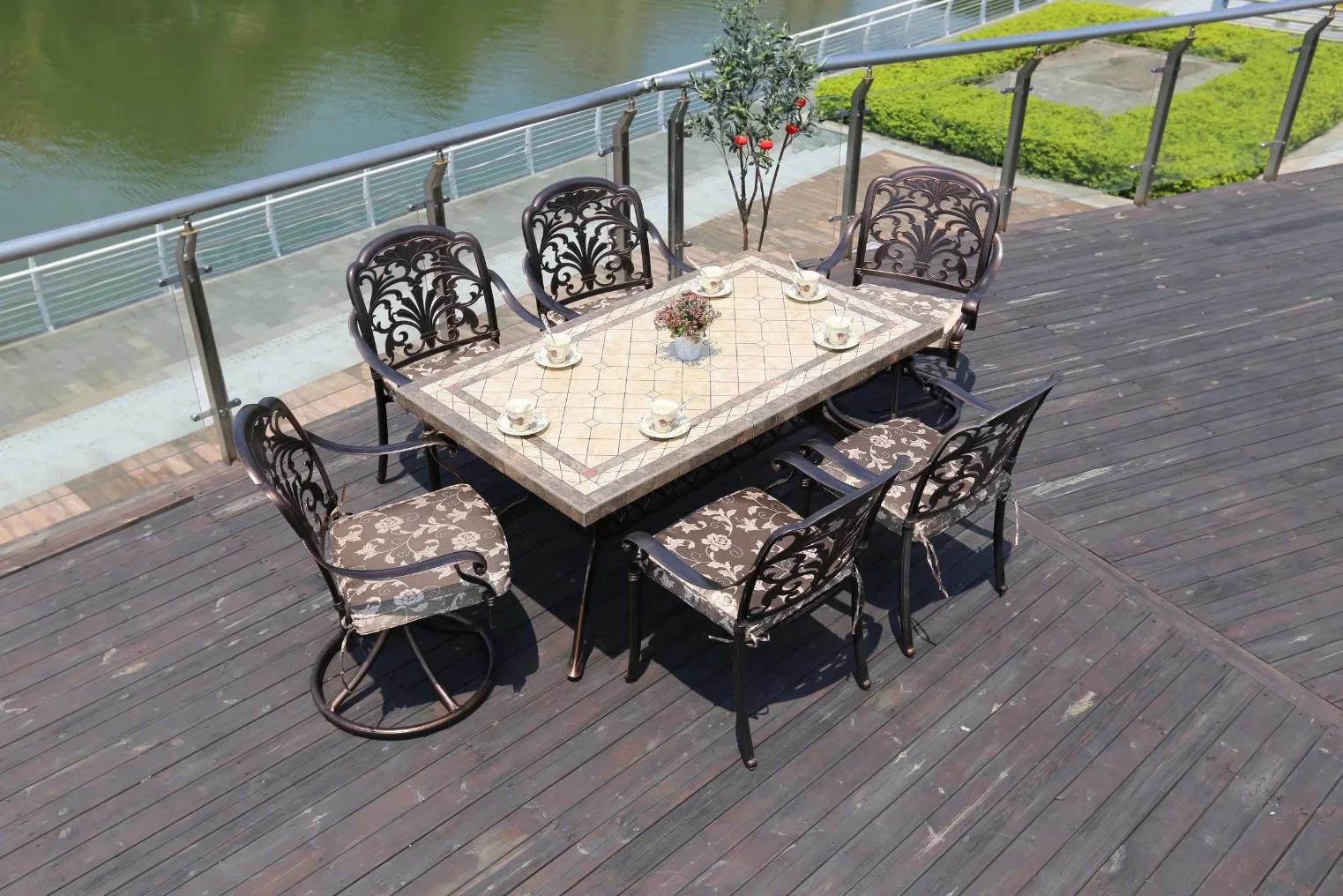 Outdoor Garden Barbecue Tables and Chairs and Home Garden Villa Cast Aluminum Furniture Ceramic Tile Long Balcony