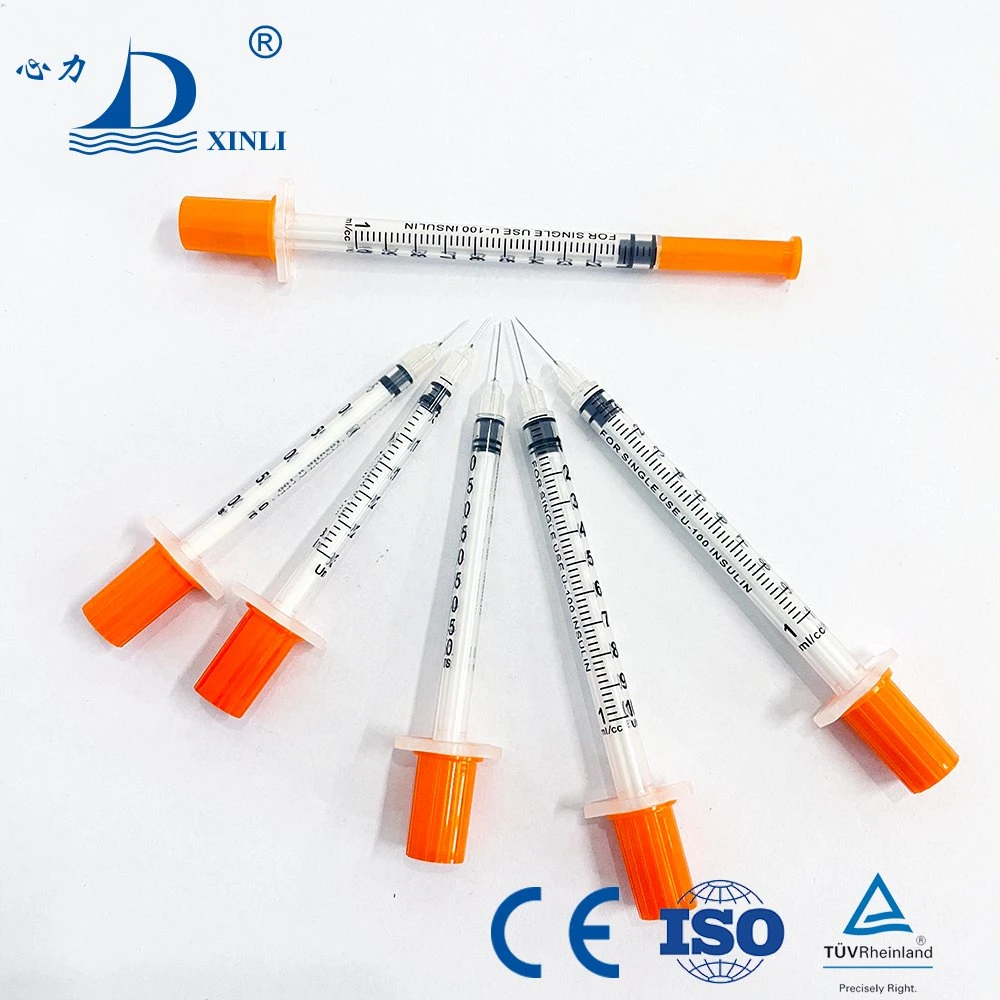 Seringa de insulina diabética esterilizada a laranja descartável de 0,3 cc de 0,5 cc com 1 cc Agulha