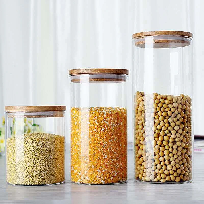 325/500/750/1000/1800ml High Borosilicate Glass Jar Coffee/ Flour/Sugar/Candy/Cookie Home Kitchen Use Food with Airtight Bamboo Lids