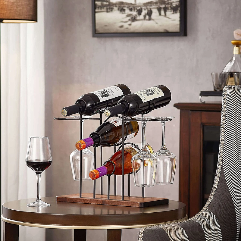 Tabletop Countertop Wood Base Metal Wine Bottle Display Rack Wine Glass Holder with 6wine Bottle Holders 4glasses Holder