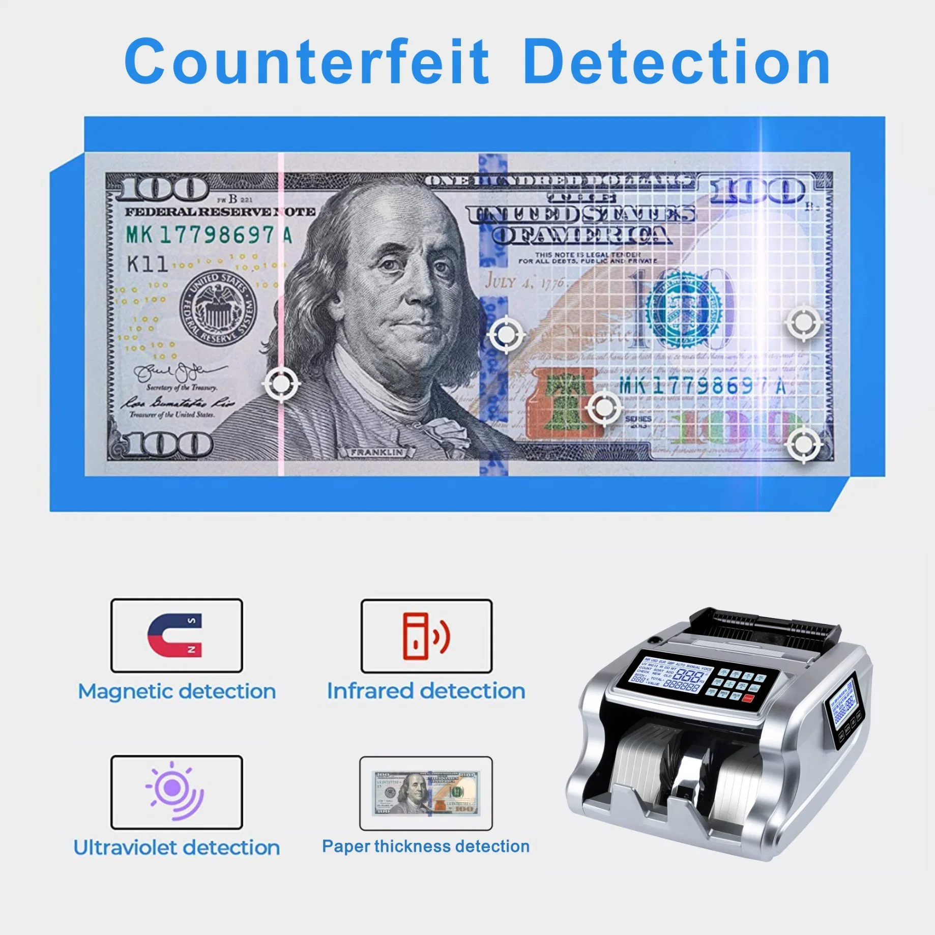 Bill Counters Financial Equipment Contadoras De Billetes Detector De Billetes Falsos Money Counting Machine Money Detector with UV/Mg