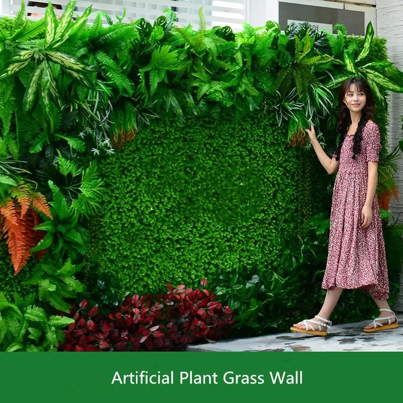 G-890 3D Home Wedding Indoor Faux Tropical Foliage Boxwood Hedges Vertical Artificial Silk Plastic Green Grass Plant Wall Decor