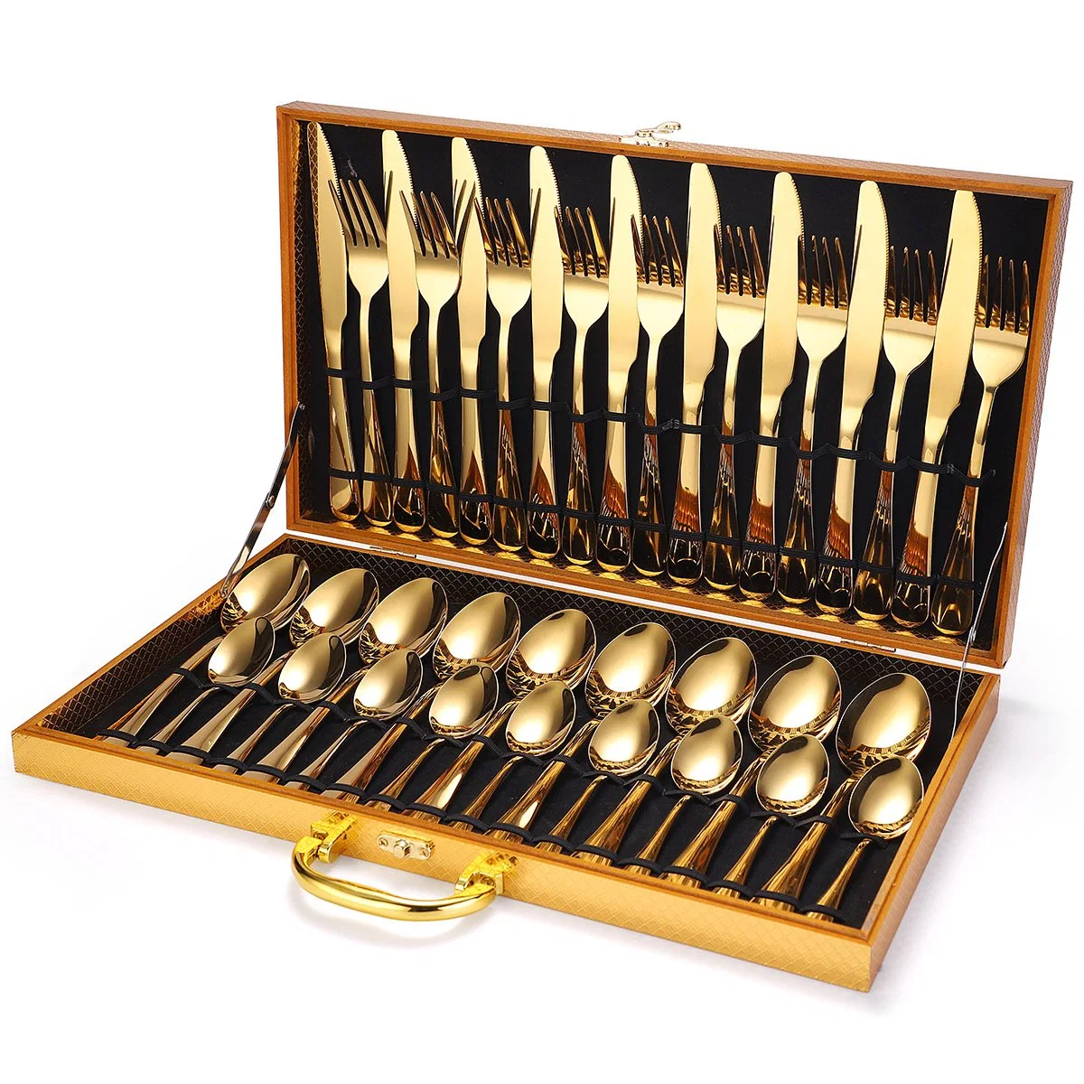 36 PCS Wooden Box Package Stainless Steel Gold Cutlery Set