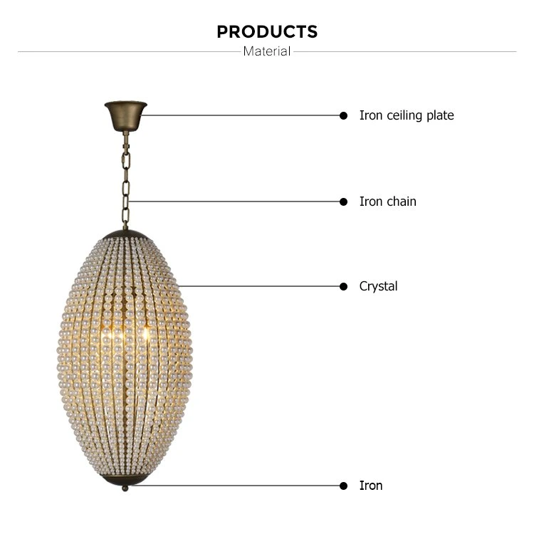 Modern Farmhouse White Plastic Beads Long Oval Shape Handmade Iron Industrial Pendant Ceiling Light