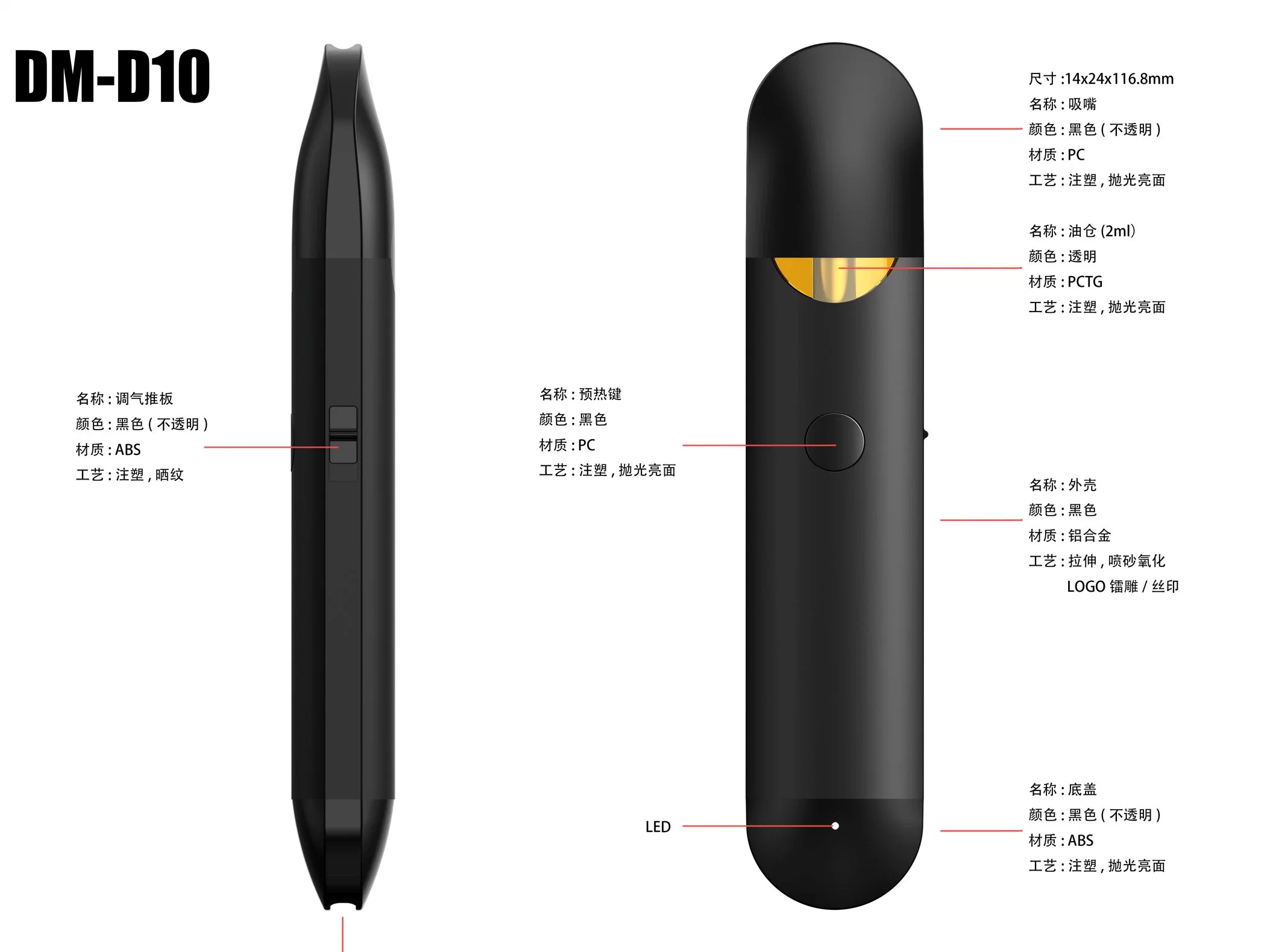 El flujo de aire ajustable de 350mAh Batería recargable 2ml desechable 0.8ohm depósito de la resistencia de Vape Pen