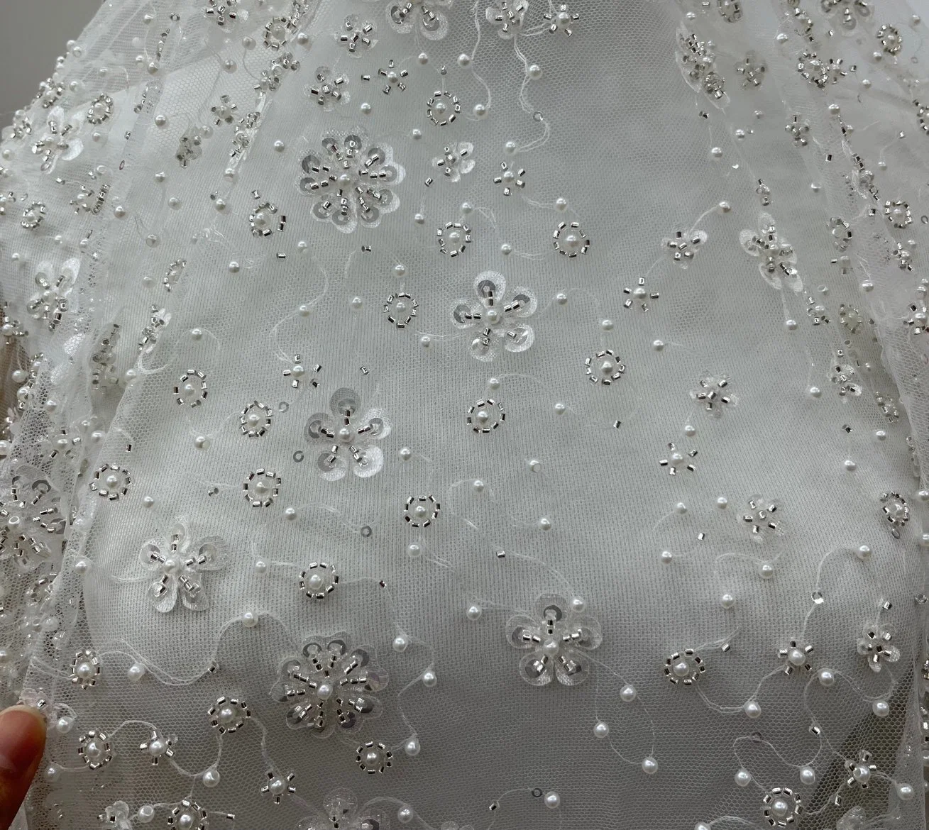 Sequins Bridal Luxury Embroidery Beads Wedding Tulle White Beaded Lace Fabric