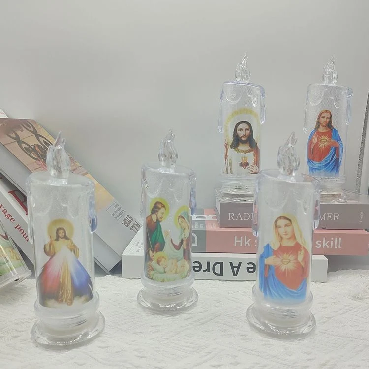 Vente chaude Bougie religieuse personnalisée à piles sans flamme avec design Virgin Jesus Bougies à LED à mèche mobile pour église.