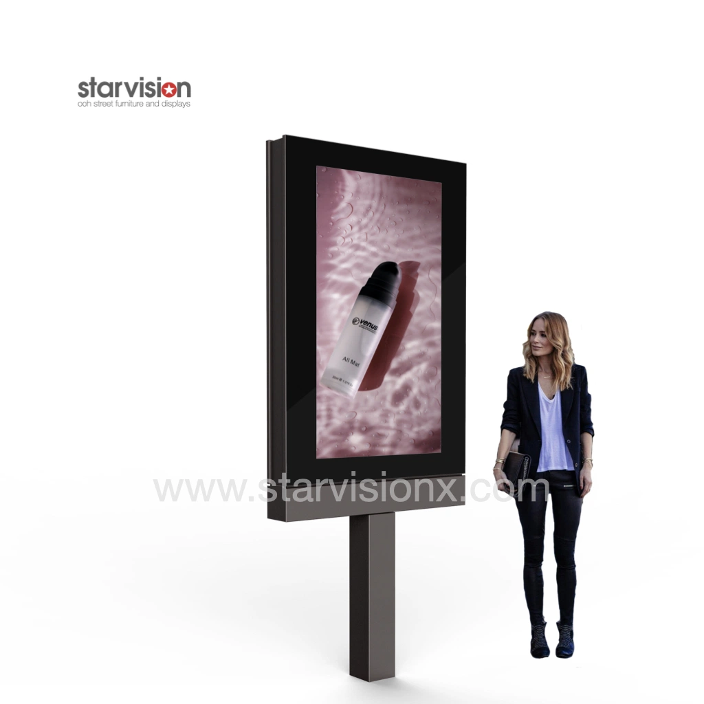 Outdoor Pole LCD Advertising Screen Board Free Standing Digital Display with Static Poster Rear Side