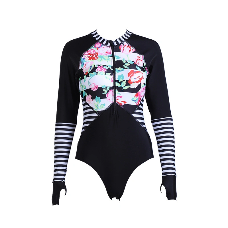 Women's Long Sleeve Rash Guard Swimsuit Sun Protection Sport Floral Striped One Piece Swimwear