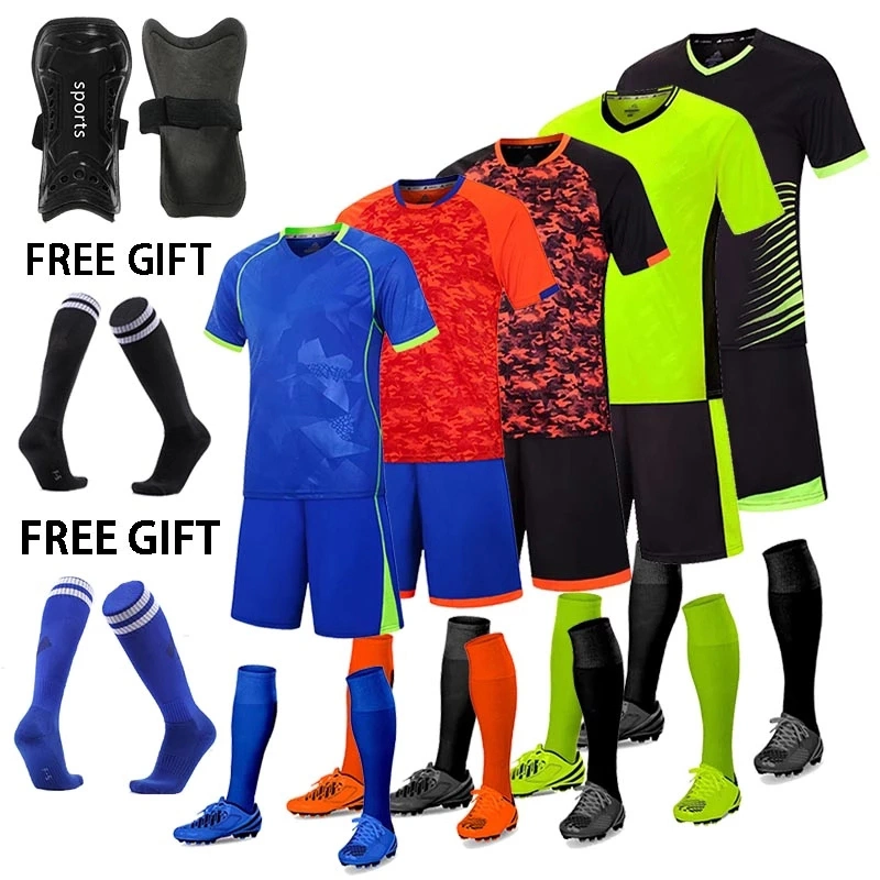 Los niños y niñas, niños adultos Camisetas de fútbol soccer juegos de ropa Juegos de Fútbol Juvenil Camiseta de Entrenamiento palo con medias+Espinilleras