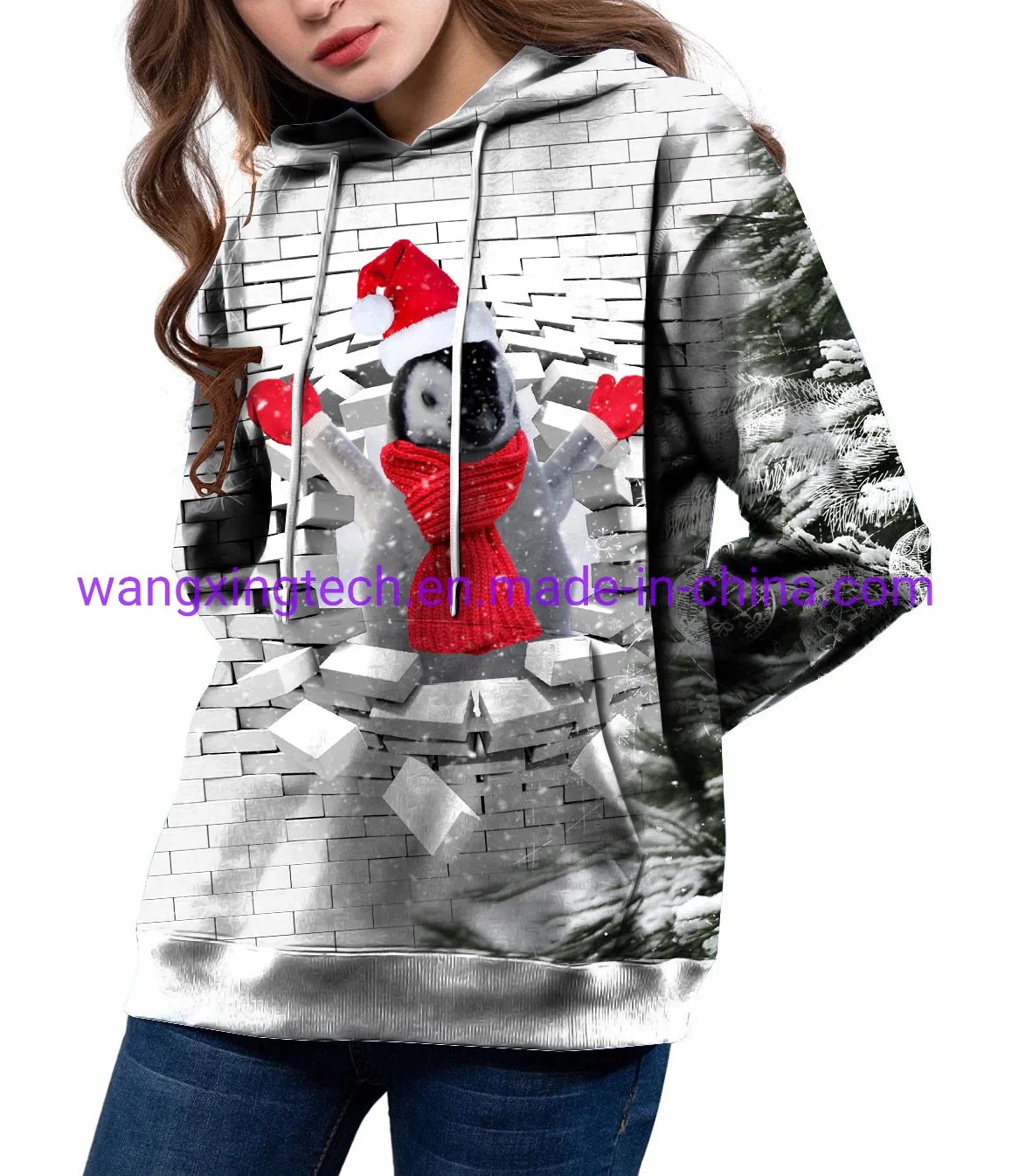 Patrón de Navidad al por mayor impresión digital Loose Hoodie Sweater Ladies Outdoor Chaqueta deportiva