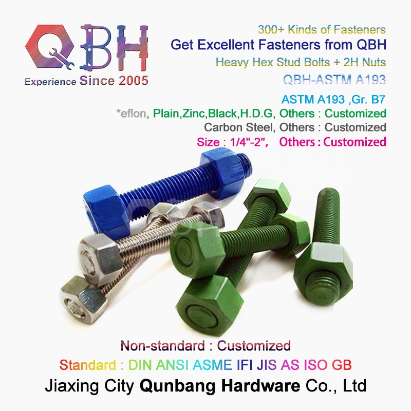 Qbh Customized PTFE Colored Surface Treatment Carbon Steel ASTM A193 B7 Rod + Double A194 2h Nuts Combo Stud Bolt