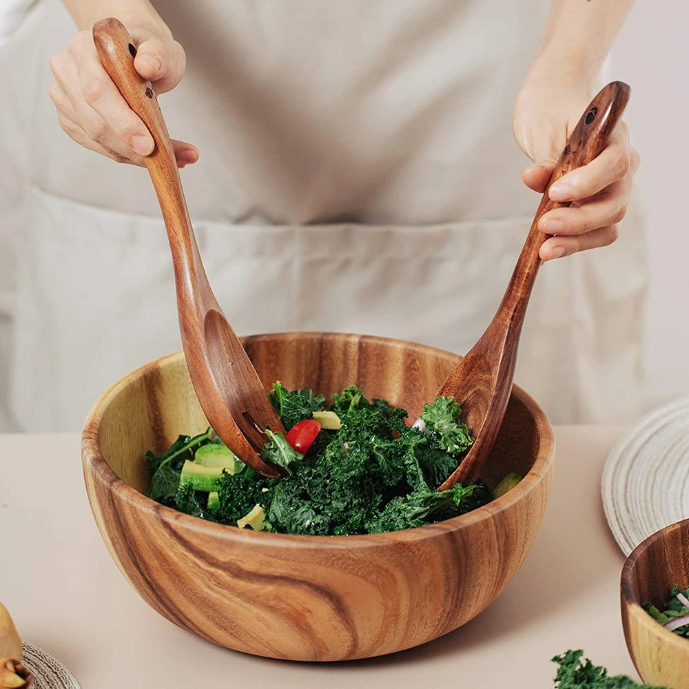 Acacia Wood Salad Bowl with Servers Set