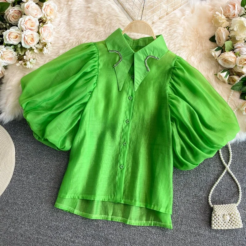 Wholesale/Supplier 2023 Summer New Fashion Women's Retro Style Irregular Rhinestone Lapel Puff Sleeve Shirt Fashion Short Blouse