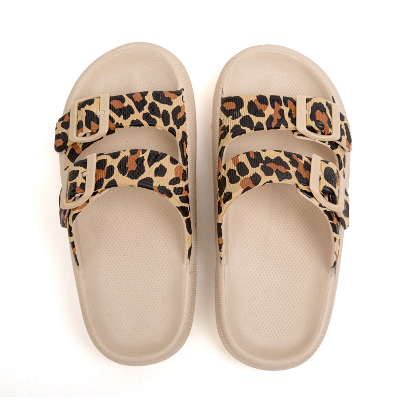 Leopard Printing Pillow Slides Fashion Casual Double-Buckle Slippers Thick Bottom Step on Shit Feeling EVA Sandals Slippers for Women