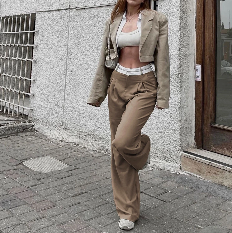 Fashion High Waist Straight Trousers Elegant Loose Gray Office Women Pants