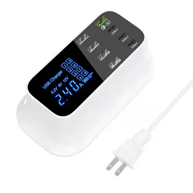 chargeur USB multiples, 8 ports Station de charge de bureau avec une charge rapide 3,0 port USB, Port de type C et écran LCD pour les téléphones intelligents, comprimé et plus