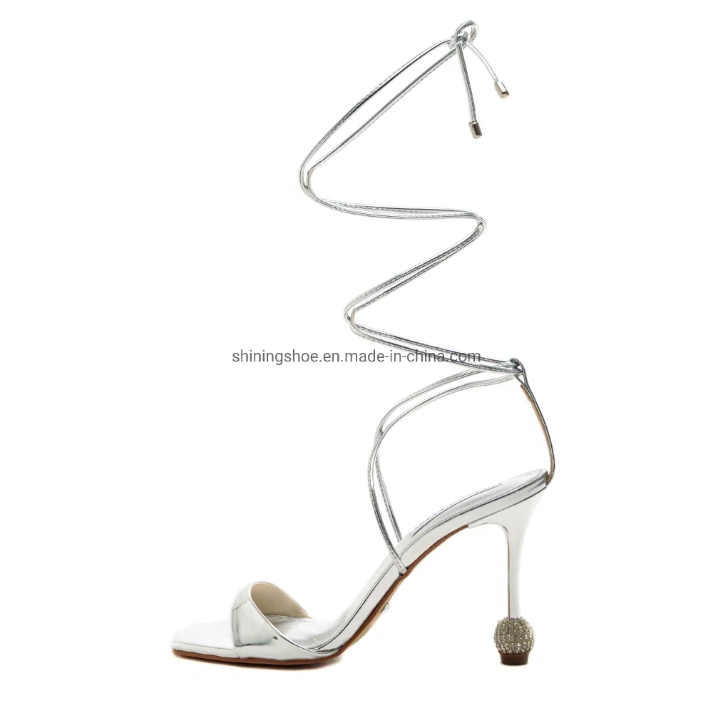 Rose Gold Leather Tie up Ball Shape Heel Women Sandals