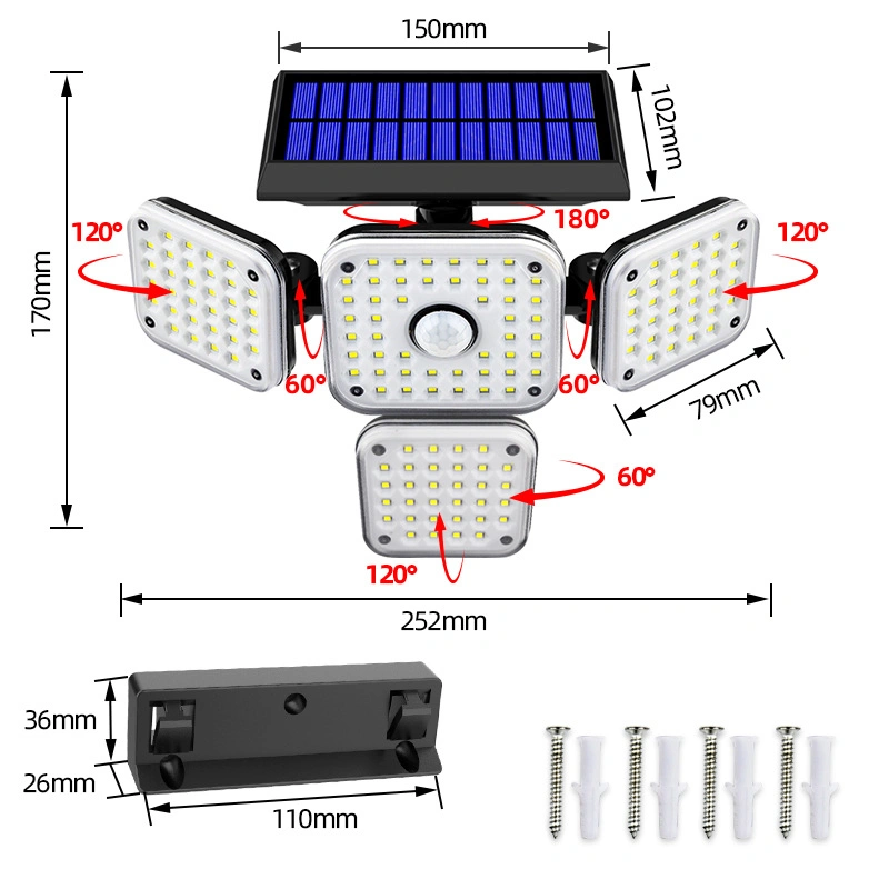 15W Solar Four Head Wall Lamp Outdoor Garden Light Remote Control LED Lights