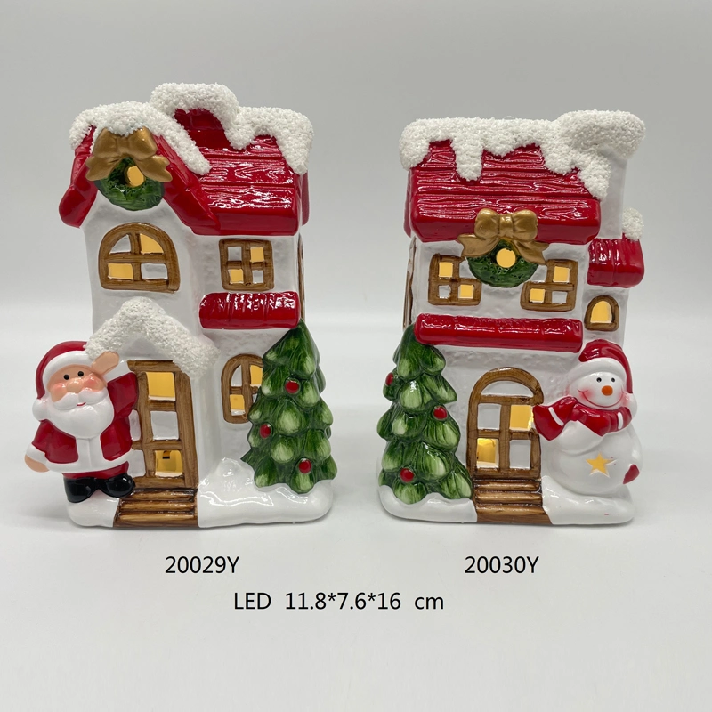Traditional Ceramic Village House in Red Color with LED Lighting for Christmas Decoration
