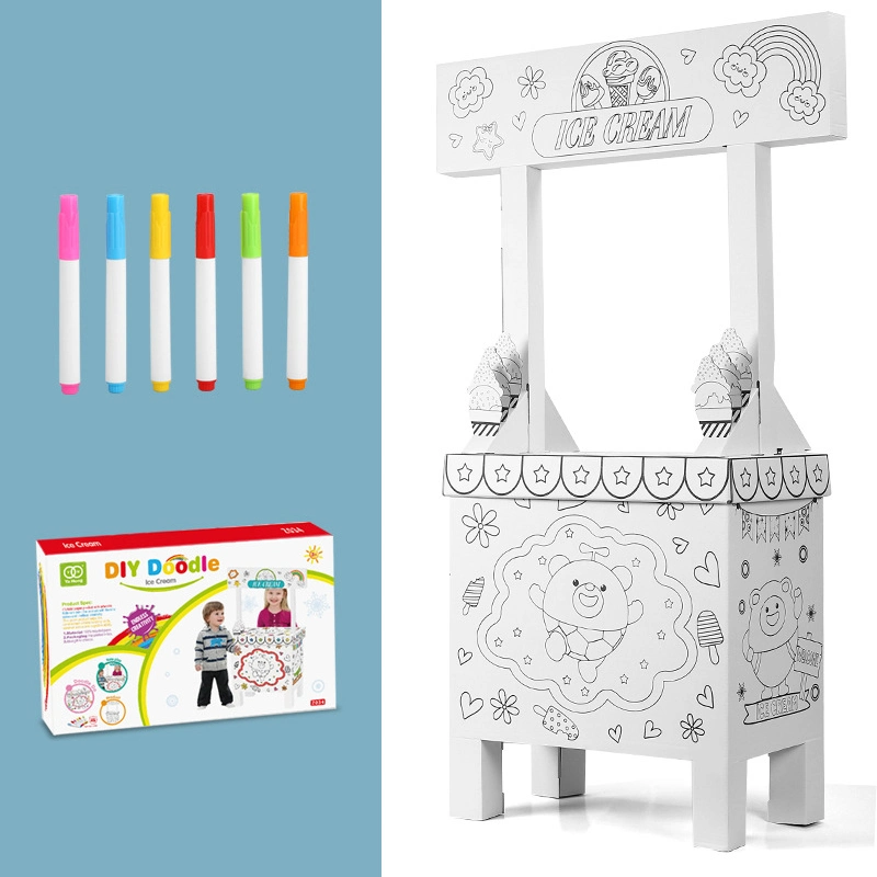 Kids Cardboard Playhouse Ice Cream Stand Craft Activity Handmade Coloring Toy Colored Drawing Intelligence Toy Interesting Draw Toys DIY Painting Toys