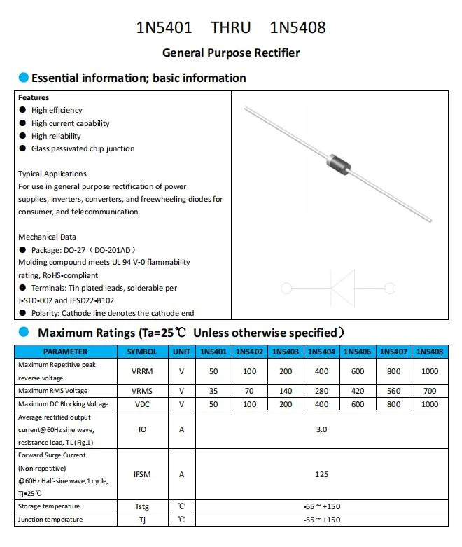 الصمام الثنائي شبه الموصل 1n5407 مع مجموعة DAC-201AD 3A/800V جهاز إعادة تركيب للأغراض العامة الصمام الثنائي