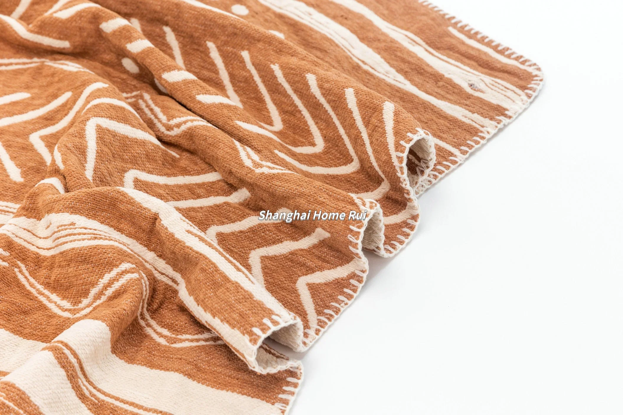 Home Outdoor Travel Bed Sofa Car Soft Warm Camel Brown Overlocked Edge Two Sides Geometric Jacquard Throw Blanket Cover