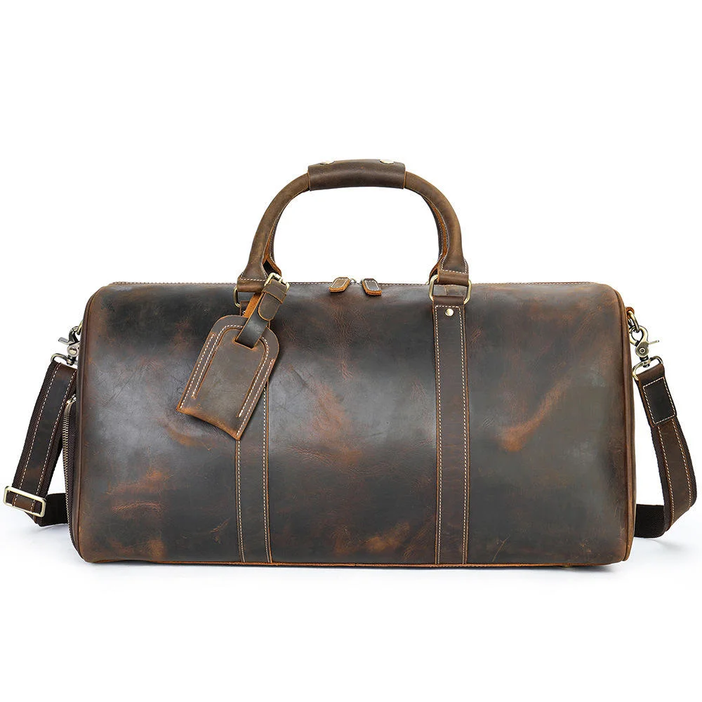 New Factory Leather Top Layer Cowhide Men's Portable Travel Tote Bag Polyester Sports Fitness Yoga Duffel Bag with Character Tag