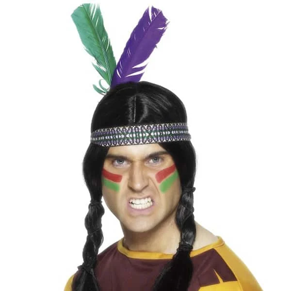 Adult Male Black Native American Wig with Red Headband