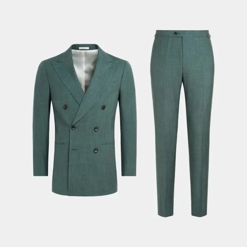 OEM Medium Green Wool, Silk and Hemp Blended Men's Banquet Slim Double-Breasted Suit