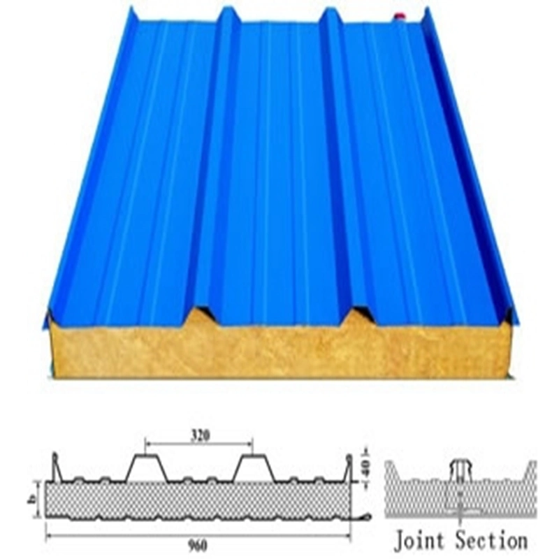 50/75/100/120m Soundproof Heat Thermal Insulated Roofing/Wall PU Sealing Rockwool Composite Board Sandwich Panel for Warehouse/Steel Structure