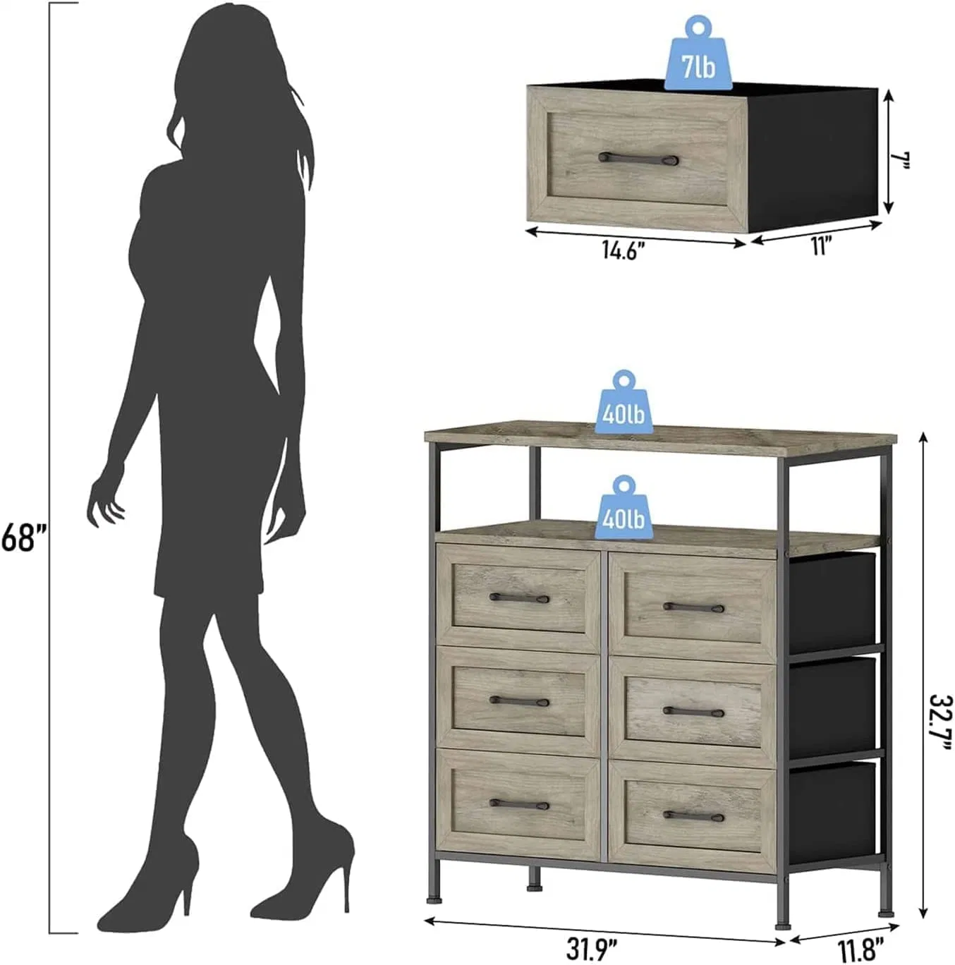 6 Dresser para Quarto Dresser rústico de madeira com prateleiras Armário armazenamento Dresser cómoda