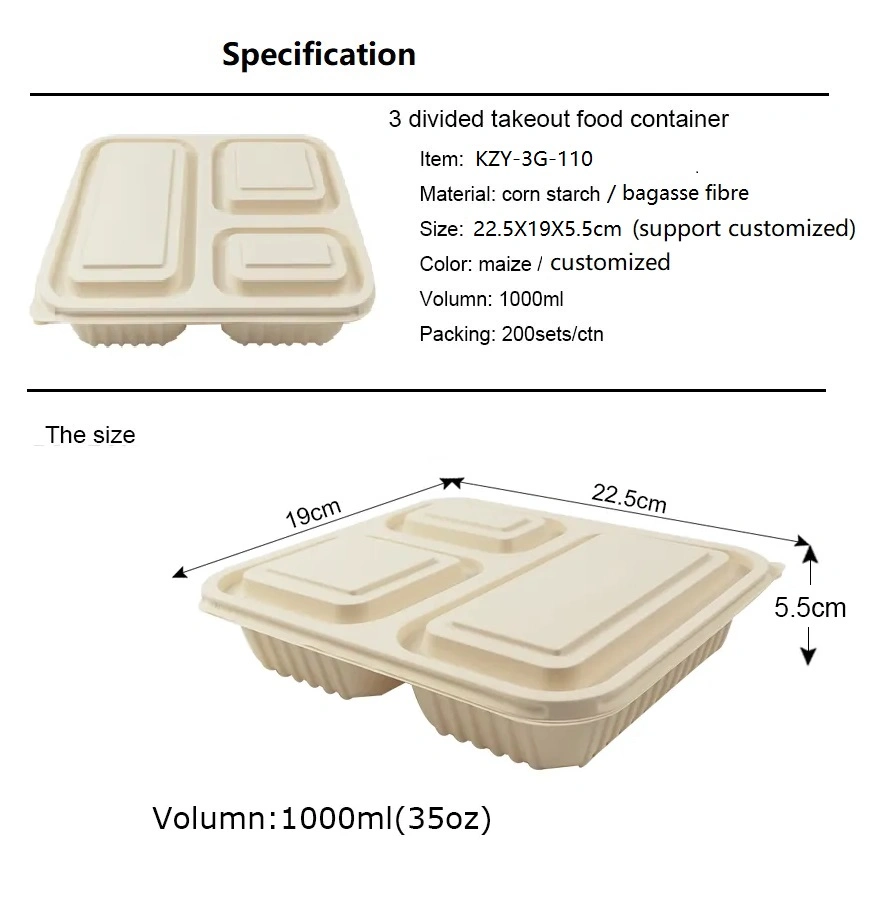 Biodegradable Corn Starch Meal Food Container Lunch-Box for 3/4/5 Compartment