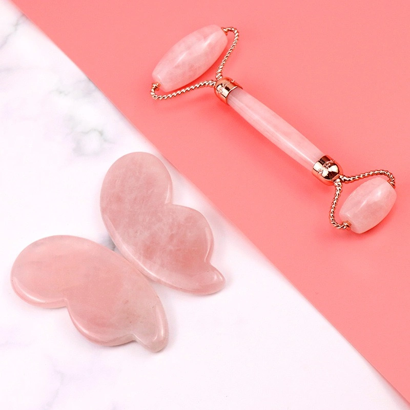 Custom Logo Natural Crystal Feather forma Rosa Cuarzo Jade Roller Y Gua Sha Set