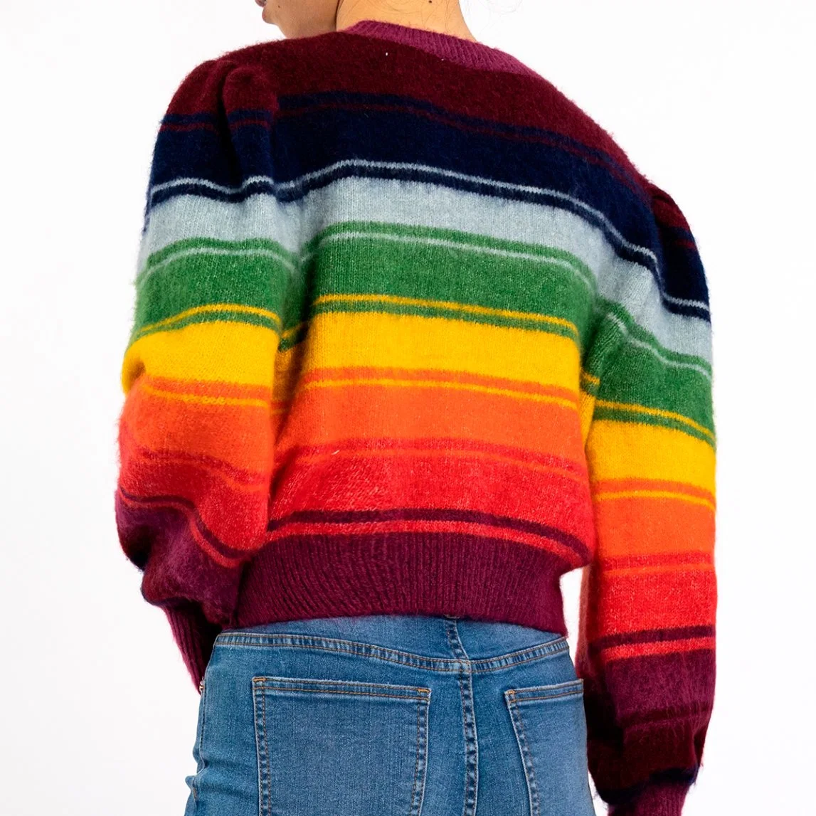 Autumn Winter American Vintage Knit Top Rainbow Stripe Women Crop Sweater