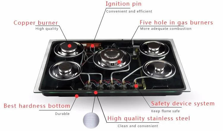 Venta caliente fogones Cocina integrada en el vidrio de 600cm Temperred 5 Burner estufa de gas