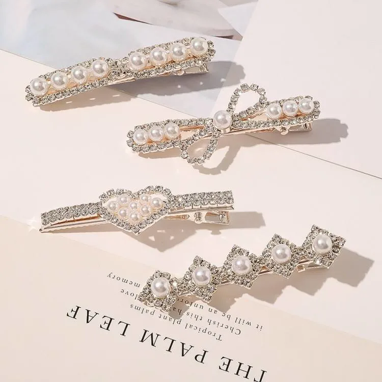 Hot Sales Pretty Korean Style Shiny Rhinestone Crystal Hair Clip Pearl Butterfly Bow Duckbill Clip Hair Accessories for Women