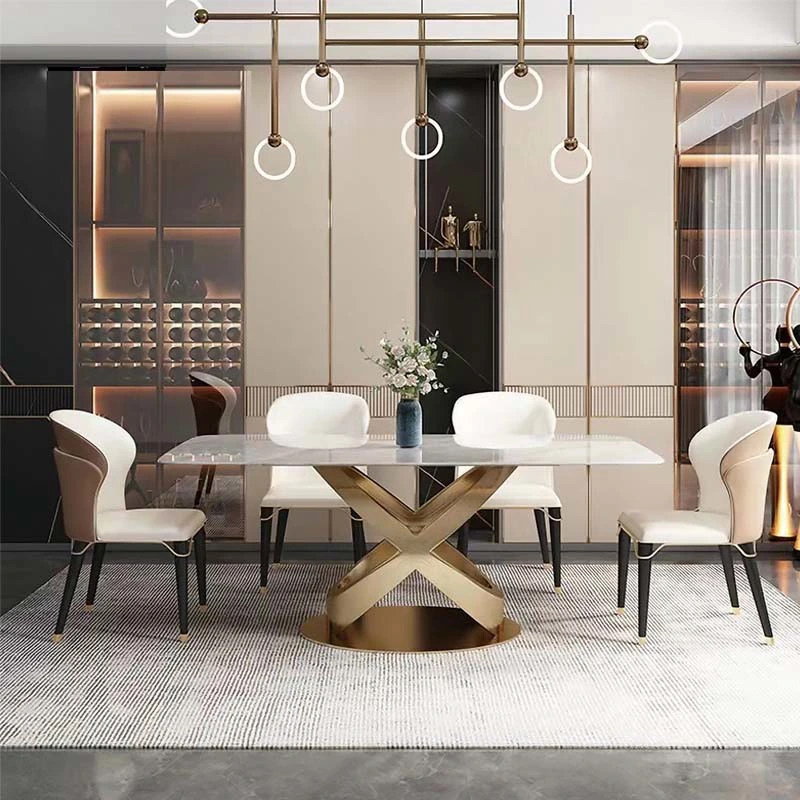 Moderner Luxus-Esstisch aus Gold-Marmor mit Stuhl aus Edelstahl Stahlsockel