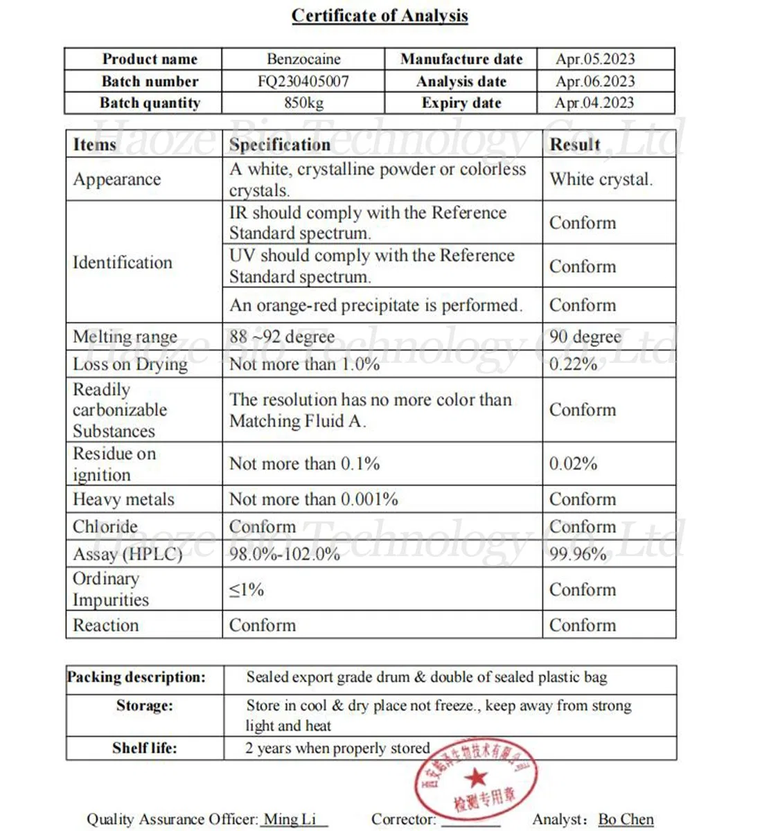 Benzocaine a granel HCl Anti-paining Benzocain polvo