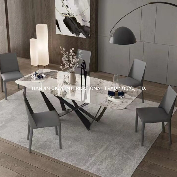 Modern Contemporary Nordic Stainless Steel Rectangular Ceramic Marble Top Dining Room Table Mesas Sets Furniture with Chairs