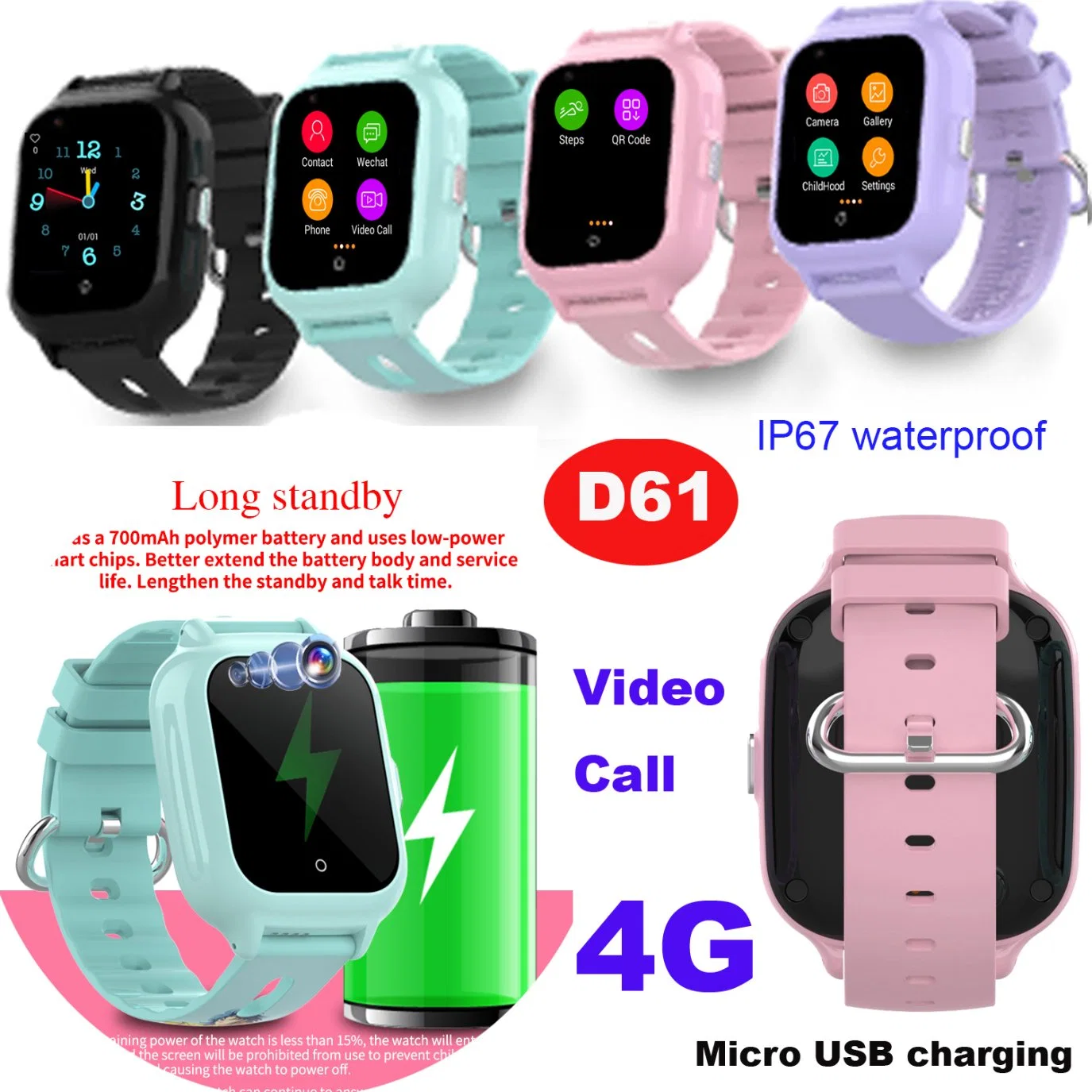 Mode Neu entwickelt IP67 4G Wasserdicht Personal Kids Boys Girls GPS Tracker Mobile Smartphone Watch mit Video Call D61