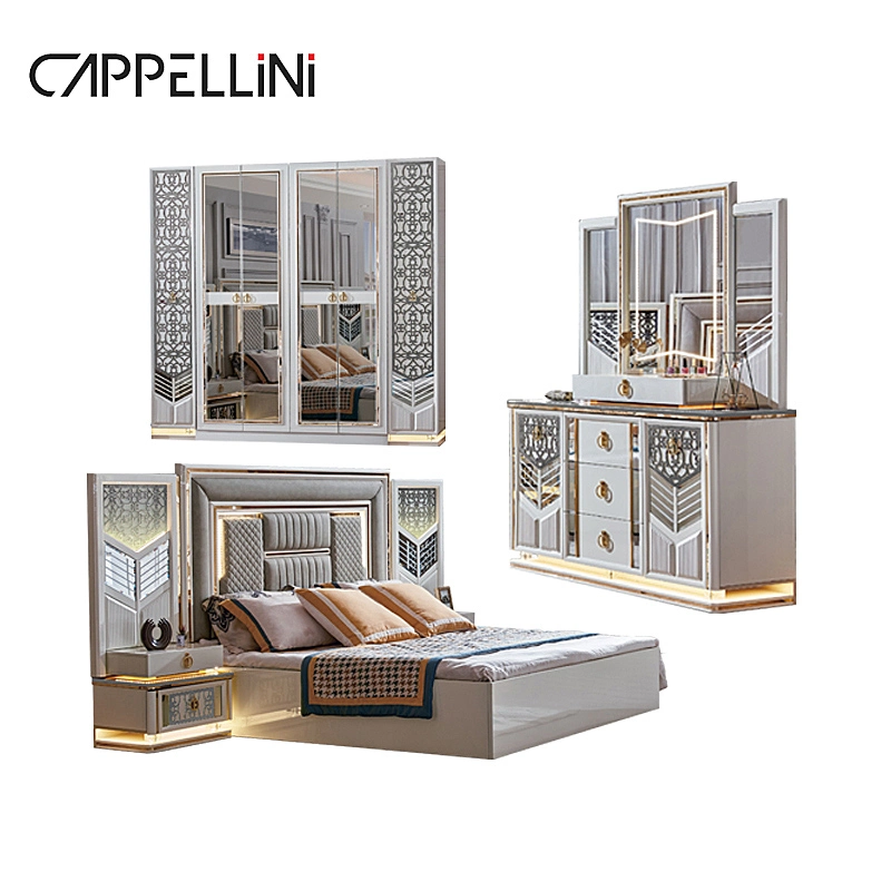 Ensemble de meubles de chambre à coucher en bois de style contemporain avec lit double en cuir souple de taille king, armoire et coiffeuse.